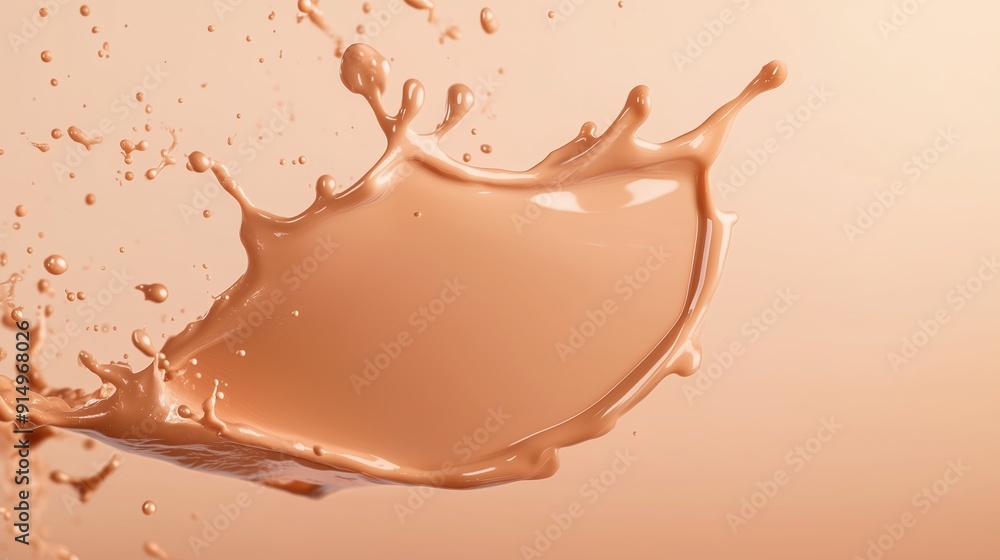 Poster liquid chocolate splashes dynamically against a soft, neutral backdrop, creating an artistic and inv