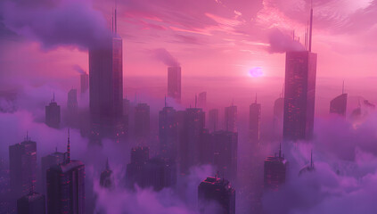 Dystopic cyberpunk city with smoke and purple sky. synth-wave dystopia design