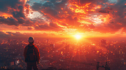 Fototapeta premium a panoramic view of a construction site bathed in the warm glow of the golden hour sunset. The helmeted silhouette of a construction worker is seen in the distance, overseeing the site's progress