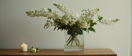 A high-quality photograph of a minimalist still life with a modern vase, white flowers, and candles on a wooden table.