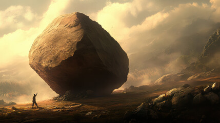 A person faces a giant boulder in a misty, dreamlike landscape, highlighting themes of perseverance in a monochromatic palette.