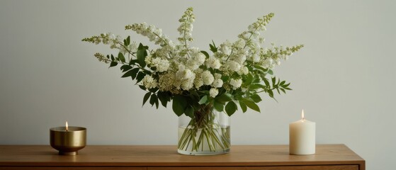 A high-quality photograph of a minimalist still life with a modern vase, white flowers, and candles on a wooden table.