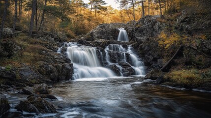 Obraz premium A serene, multi-tiered waterfall flows over rocky cliffs into a calm pool, surrounded by lush, autumn-colored foliage and forested landscape.