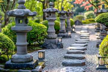 Fototapeta premium Stone Lanterns and Stepping Stones in a Japanese Garden - Realistic Image