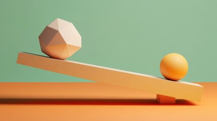 A minimalist conceptual art piece features a geometric balance scale with a polyhedron and a sphere, set against pastel backgrounds.
