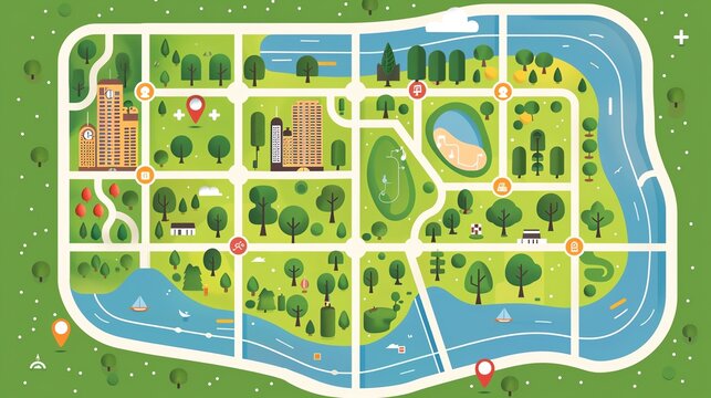 Colorful illustrated map of a city park showcasing trees, buildings, pathways, water bodies, and greenery.