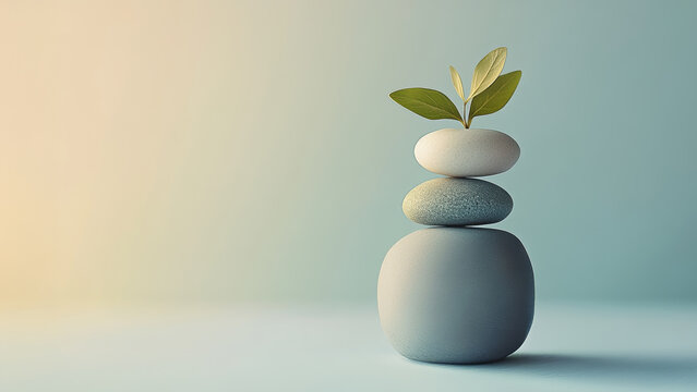 Balanced stones with a small plant growing on top symbolize harmony, balance, and new beginnings, set against a serene, harmonious background.