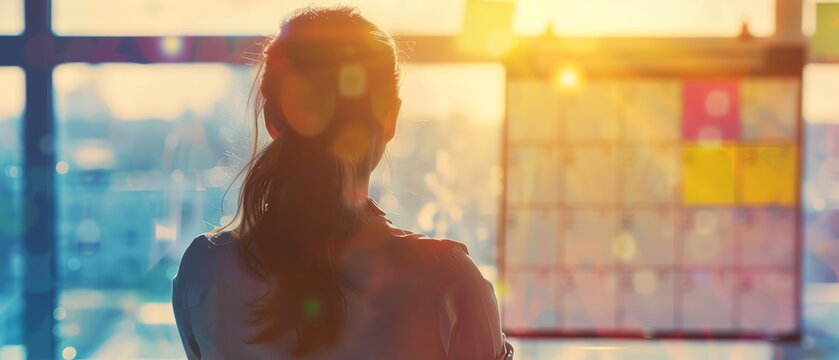 A woman looks at a calendar on a wall, bathed in sunlight through the window, contemplating her schedule. - Powered by Adobe