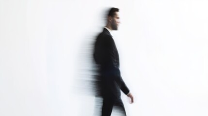 Dynamic shot of a man in a suit walking briskly, blurred motion conveying a sense of movement and urgency against a stark white background.