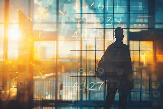 Silhouette of a traveler at sunset, standing inside an airport terminal with digital data overlay, reflecting technology and travel. - Powered by Adobe