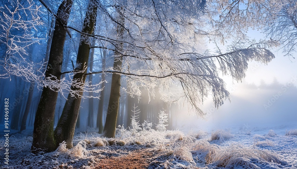 Poster frost-covered trees in a serene winter forest illuminated by soft sunlight filtering through foggy s