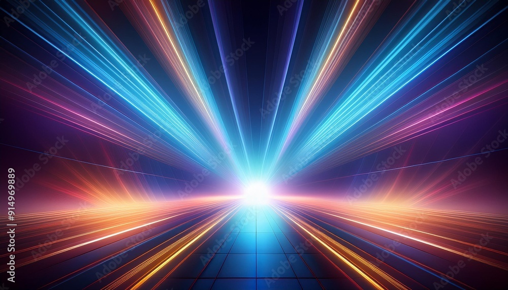 Poster abstract futuristic background with vibrant light beams emanating from a central point, creating a s