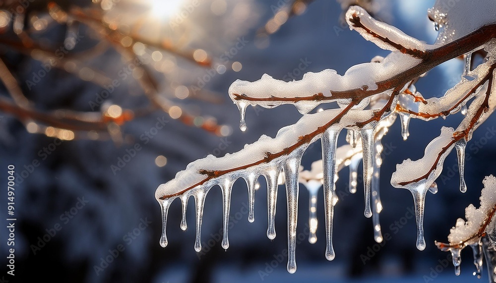 Poster icicles hanging from a snowy branch, illuminated by sunlight, creating a sparkling winter scene in a