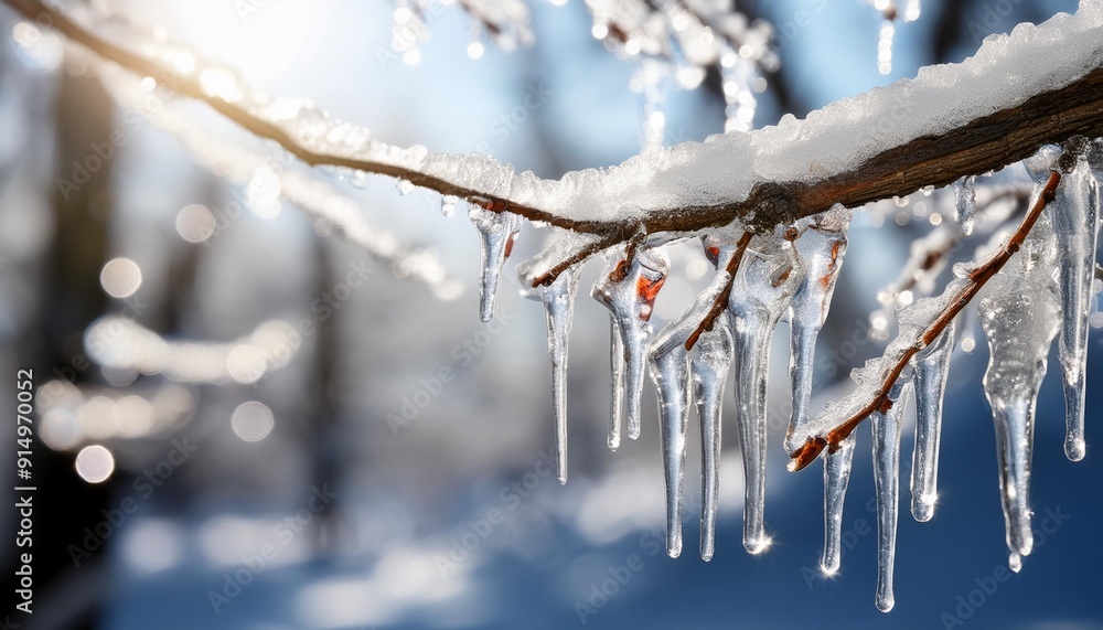 Poster icicles hanging from a tree branch with sunlight reflecting off the ice, creating a sparkling winter