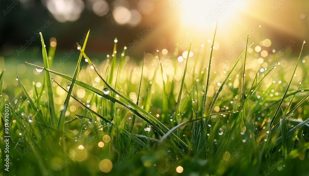 Poster close-up of dew-covered grass blades illuminated by warm sunlight, creating a soft bokeh effect in t