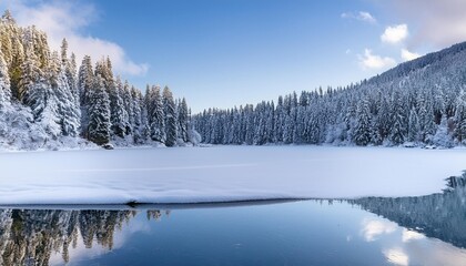 Obraz premium Serene winter landscape featuring a frozen lake surrounded by evergreen trees and a clear blue sky reflecting on the water surface