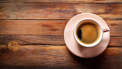 Cup of coffee on wooden table, top view