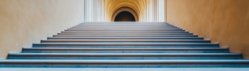 Obraz premium A stunning view of elegant stairs leading to an archway, showcasing symmetry and architectural beauty in a serene environment.