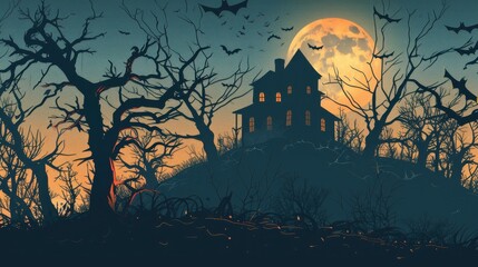 Fototapeta premium An old, spooky house on top of a hill with a full moon