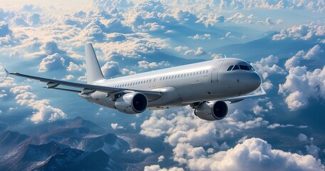 Obraz premium Commercial Airplane Flying Above Clouds and Mountains