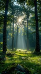 Naklejka premium Serene Forest with Sun Rays and Mist