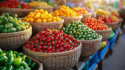 A vibrant market display featuring assorted fresh vegetables in woven baskets, showcasing a colorful variety for healthy eating.