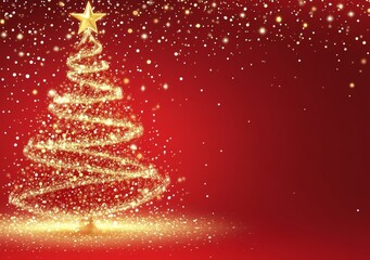 Red background with golden Christmas tree, Christmas card background design, Christmas poster, greeting cards, brochures and posters, advertising banner, postcard, space for text. Generative AI