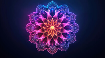 Vibrant, symmetrical mandala design with a blend of pink and blue hues on a dark background, evoking calmness and creativity.