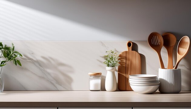 Modern kitchen countertop featuring wooden utensils, decorative plants, glass jar, and elegant ceramic bowls in natural light