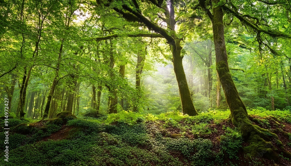 Poster lush green forest with tall trees and sunlight filtering through the leaves, creating a serene and t