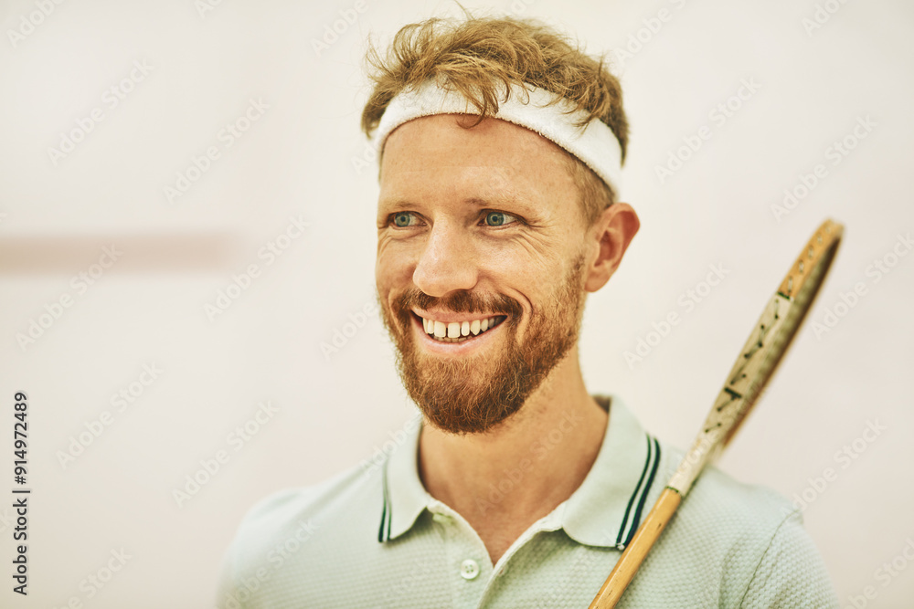 Sticker Happy man, sport and squash player with racket in court for game, match or indoor competition. Face of young male person or active athlete with smile for challenge, tournament or friendly practice