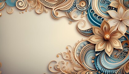 Ornate floral patterns with swirling designs and intricate details in gold and blue on a soft neutral background