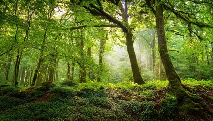 Naklejka premium Lush green forest with tall trees and sunlight filtering through the leaves, creating a serene and tranquil atmosphere