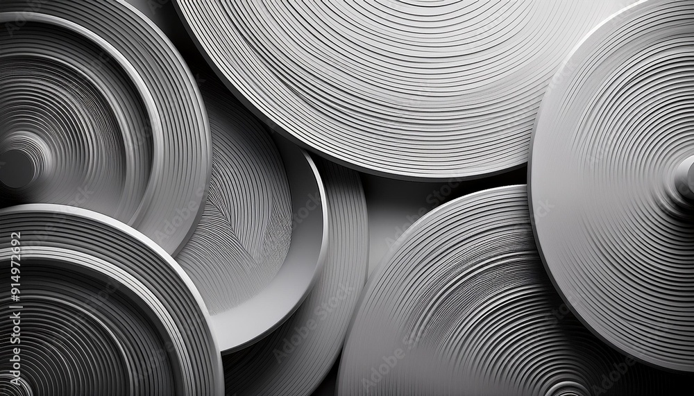 Poster abstract composition of overlapping circular shapes in grey tones, showcasing intricate textures and