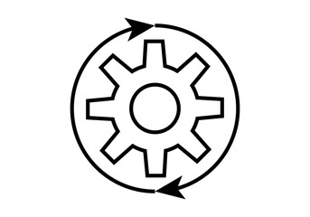 Icono negro de rueda de engranaje rodeada de flecha circular representando el desarrollo de un proyecto o trabajo