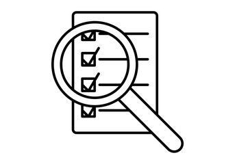 Icono negro de corrección de examen con tic afirmativo con lupa