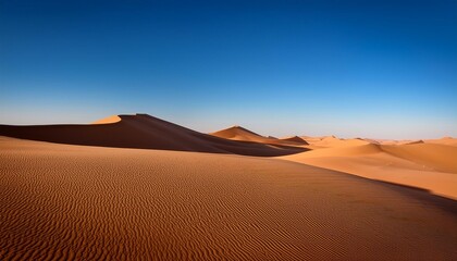 Expansive desert landscape with undulating sand dunes against a clear blue sky during daylight, showcasing natural beauty and tranquility