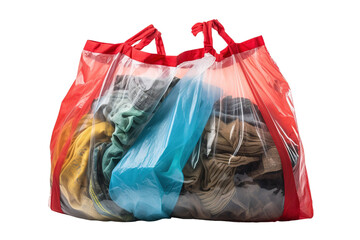 Colorful Transparent Bag Filled With Assorted Clothes Prepared for Donation in a Bright Indoor Space on Transparent PNG Background.
