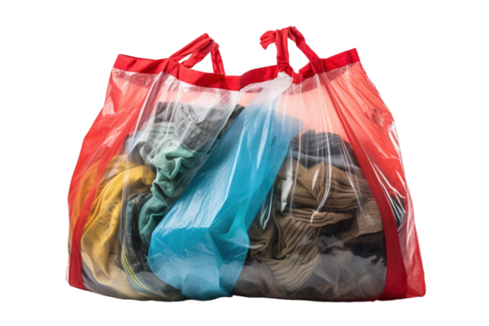 Colorful Transparent Bag Filled With Assorted Clothes Prepared for Donation in a Bright Indoor Space on Transparent PNG Background.