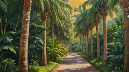 Obraz premium painting of a pathway between palm trees and a yellow sky