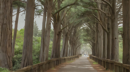 a man riding a bike down a path between trees
