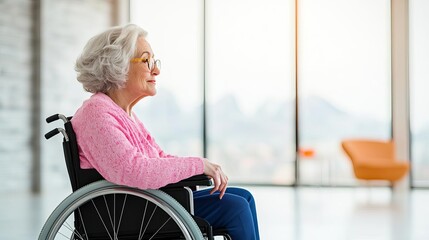 Senior lady in a wheelchair, assisted living facility, 3D illustration