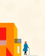 Senior lady walking with cane, assisted living complex, flat design illustration