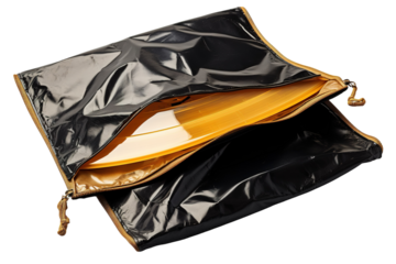 Stylish Black and Gold Zippered Pouch Displaying Artistic Vinyl Records in the Studio During a Creative Evening on Transparent PNG Background.