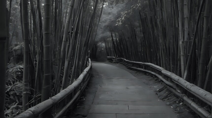 Fototapeta premium a walkway in a bamboo forest with a bench on the side