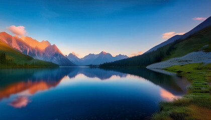 Bergsee in dem sich die Berge im Hintergrund spiegeln