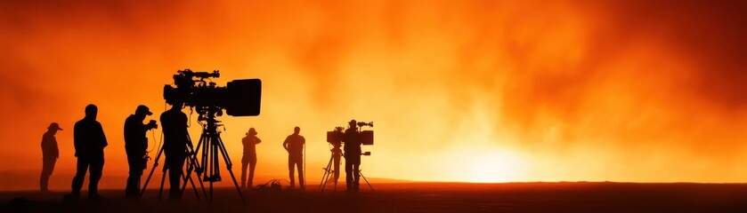 Fototapeta premium Silhouettes of film crew capturing stunning sunset, surrounded by vibrant colors and dramatic lighting, showcasing cinematic artistry.
