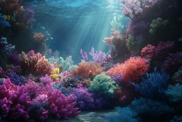 Naklejka premium Symphonic Corals: An Animated Underwater Ballet of Corals and Marine Life in an Abstract Oceanic Art Odyssey,Abstract concepts, game concept art, storybook illustrations, comic strips, book illustrati