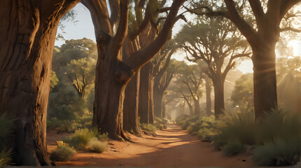 Fototapeta premium trees line a dirt road in a wooded area with sun shining through the trees