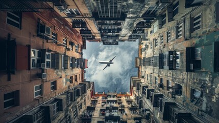 Airplane Flying Over Narrow City Alley